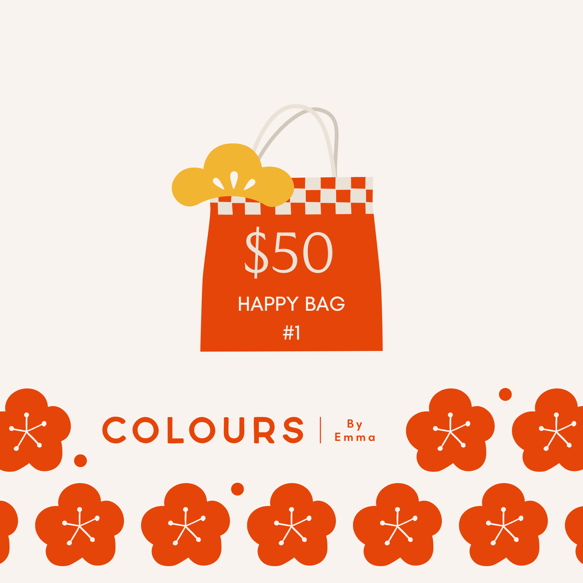Illustration of a red shopping bag with a price tag and text, featuring the brand 'Colours by Emma' on a white background.