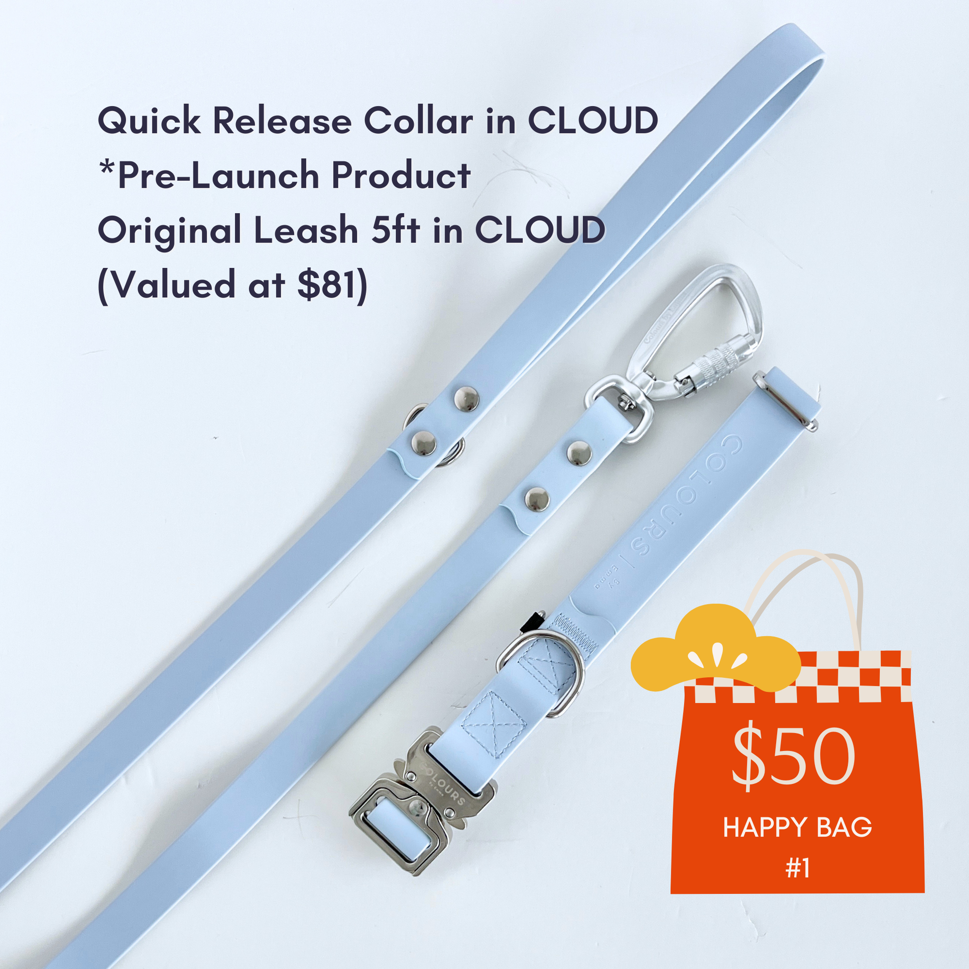 Light blue dog collar and leash set with quick release feature for safety on a white background, featuring text about a pre-launch product offer.