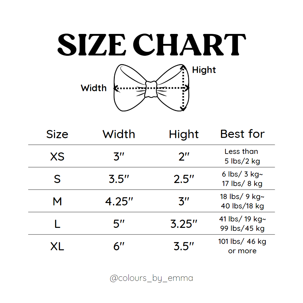 Size chart for dog bow ties