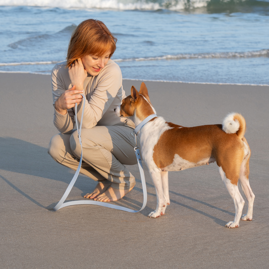 Woman on the beach with a dog on a leash