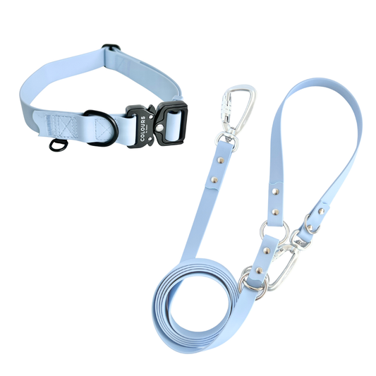 Light blue dog collar and leash set on a white background