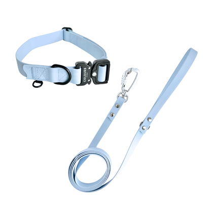 Light blue dog collar and leash set on a white background