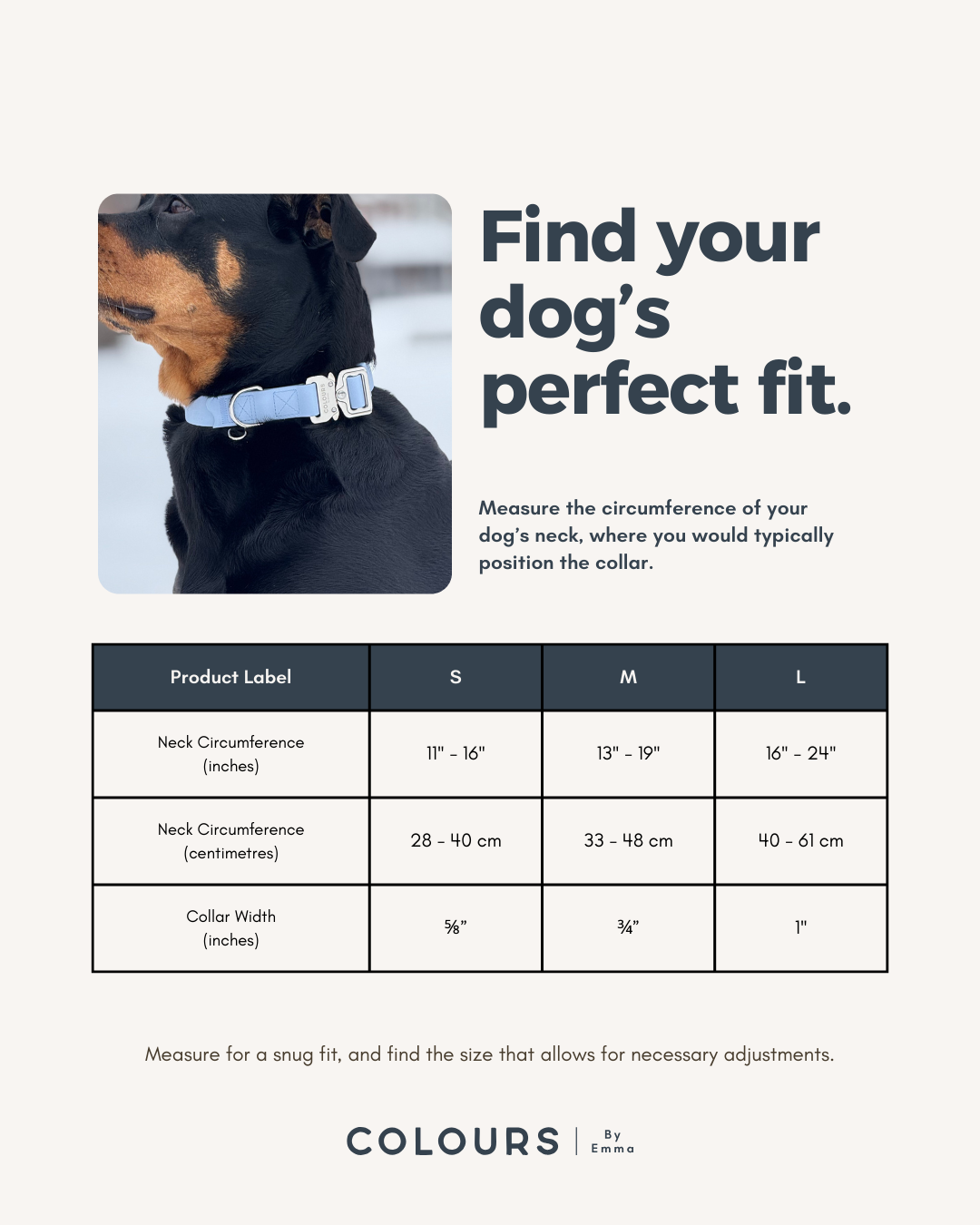 Sizing chart for dog collar measurements